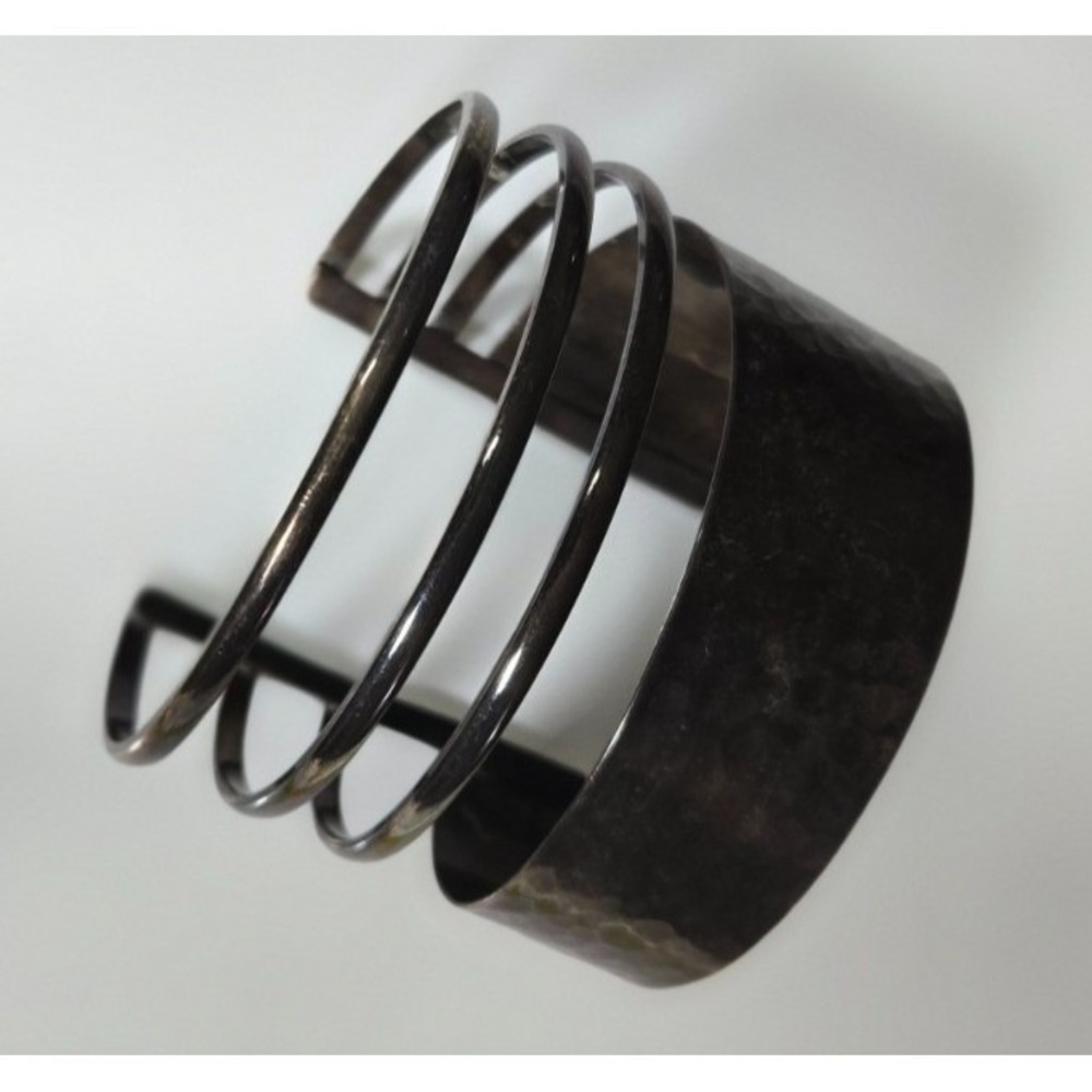 Vintage Mexican Sterling Silver 925 Hammered Wide Cuff Bracelet Modernist